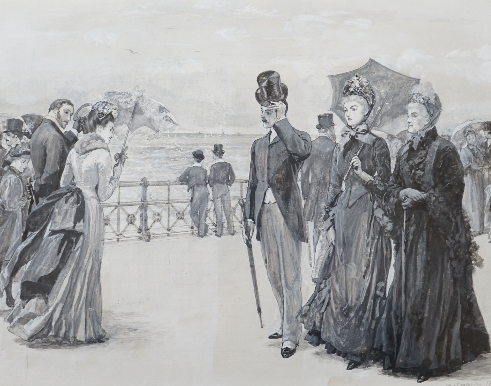 William Small (1843-1929), en grisaille gouache, Victorian figures on a promenade, signed and dated 1889, 21 x 27cm